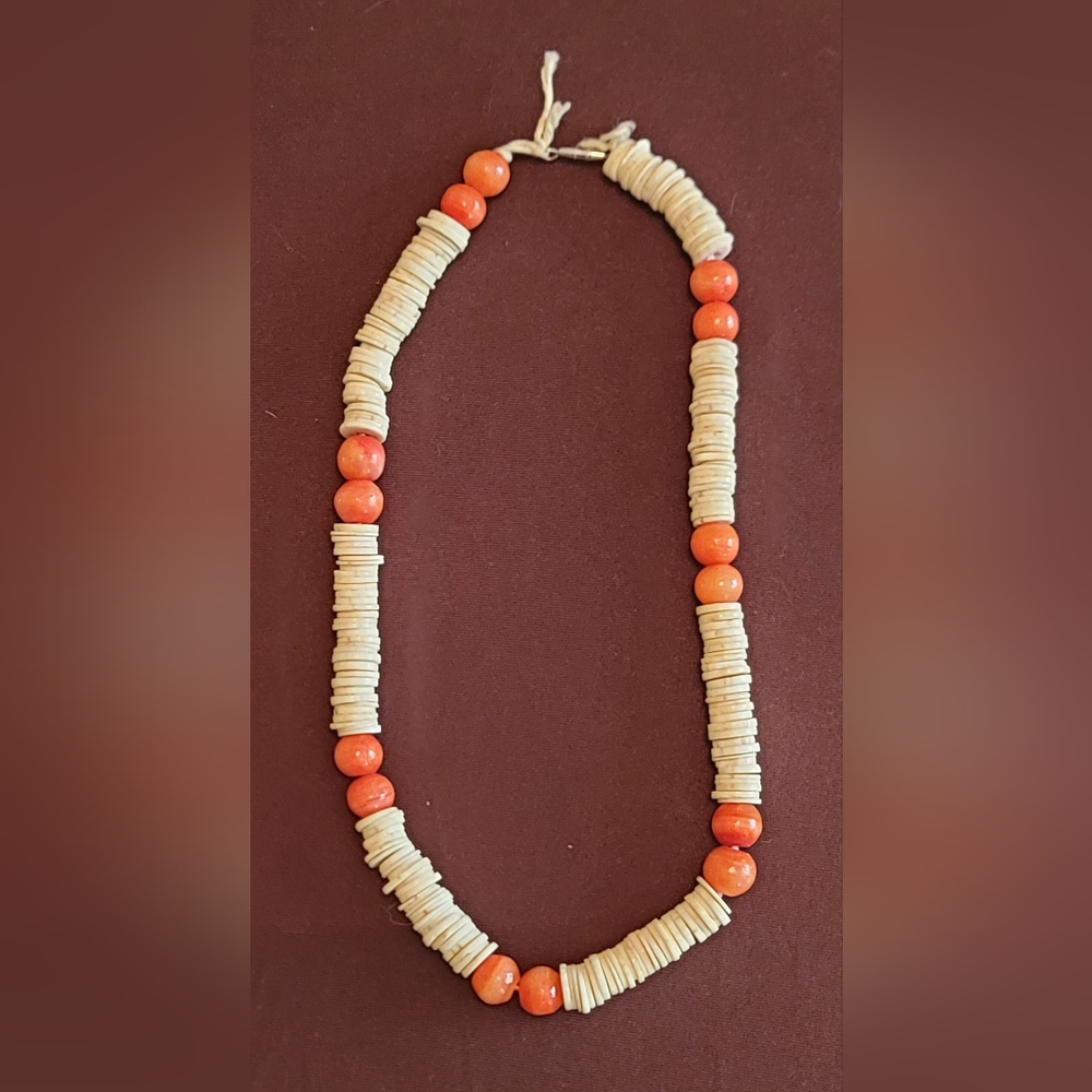 Vintage Handmade Orange/Coral and Cream Beaded Necklace